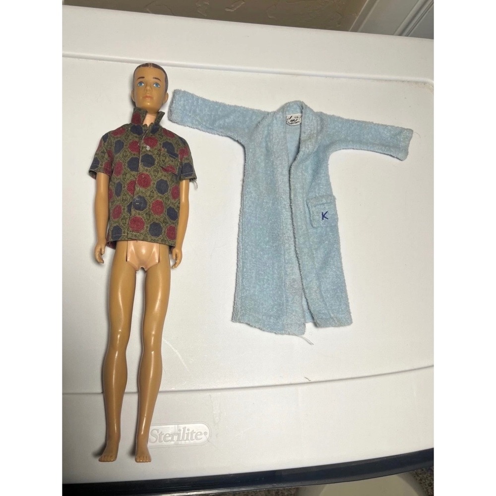 Vintage 1960 Mattel Ken Doll with Blue Terry Robe and Patterned Shirt